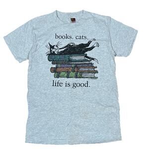 VintGe 90s Edward Gorey T-Shirt Books Cats Life Is Good Size Medium Grey